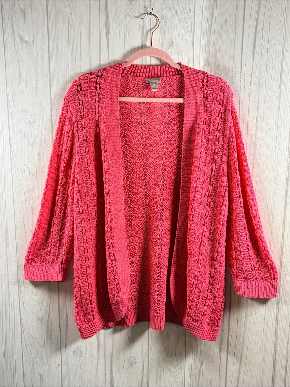 CHICO'S Pink Pointelle 3/4-Sleeve Open-Front Cardigan, Size 3/XL